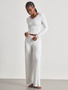 Ocili V-Neck Lace Trim Patchwork Long Sleeve & Drawstring Pants 2 Pieces Lounge Set, Comfortable Holiday Outfit, Autumn/Winter Clothing - White - View 5