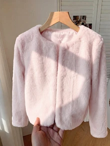 SHEIN 青少年女孩極簡風人造毛皮外套，適合派對與戶外穿著，秋冬款 - 淺粉色 - 查看 2