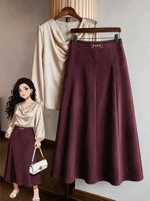 Solavon Plus High Waist Chain Detail Skirt - Burgundy - View 5