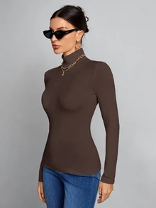 SHEIN Tall 簡約純色修身高領白色上衣，適合秋冬，高個女性穿著 - 巧克力棕 - 查看 5