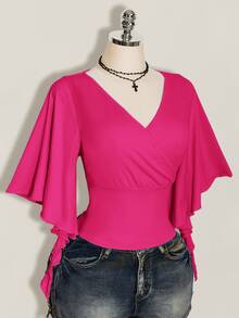 SHEIN ICON 女款大尺碼黑色夏季哥德風性感夜店約會派對夜店 T-shirt，復古優雅 V 領荷葉袖修身 Y2K 風格 - 玫紅色 - 查看 6