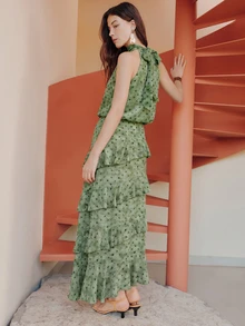 Nöista Halter Long Dress With Ruffles On Skirt. - Green - View 2