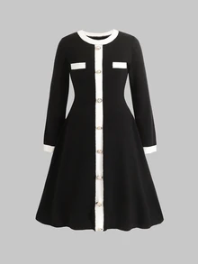 SHEIN Tween Girl Colorblock Casual Everyday Summer Knit Dress - Black and White - View 2