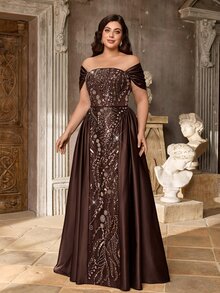 Aureia Plus Size Elegant Luxurious Champagne Beaded Patchwork Wedding Dress Satin Off-Shoulder Hanging Sleeve Mermaid Hem Patchwork Suitable For Evening Party Date Ball Vacation Wedding Event Heavy Work Evening Gown - Coffee Brown - View 6