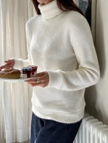 Zovinel Sweater Rajut Lengan Panjang Putih Leher Tinggi Musim Gugur yang Modis untuk Wanita - Putih - View 4