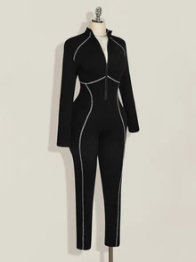 SHEIN ICON Plus Size Vintage Y2K Sexy Front Zipper Contrast Stitching Decor Slimming Tight Jumpsuit, Jumpsuit Outfit - Black and White - View 5