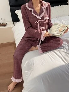 Napfluff Women's Colorblock Long Sleeve Top And Pants Casual Daily Home Sleepwear Set - Brown - View 4