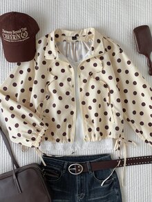 Comfortcana Jaket Siluet Polkadot Vintage Kuning Ukuran Besar Musim Gugur/Dingin dengan Ikatan di Depan - Kuning - View 1