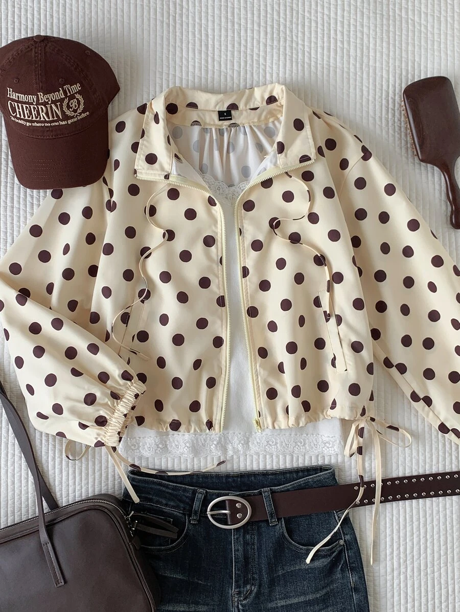Comfortcana Jaket Siluet Polkadot Vintage Kuning Ukuran Besar Musim Gugur/Dingin dengan Ikatan di Depan - Kuning - View 1