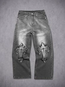 Manfinity Denimwave 男士街頭風哥德十字貼布原邊刺繡設計漸層水洗牛仔褲 - 灰色 - 查看 1