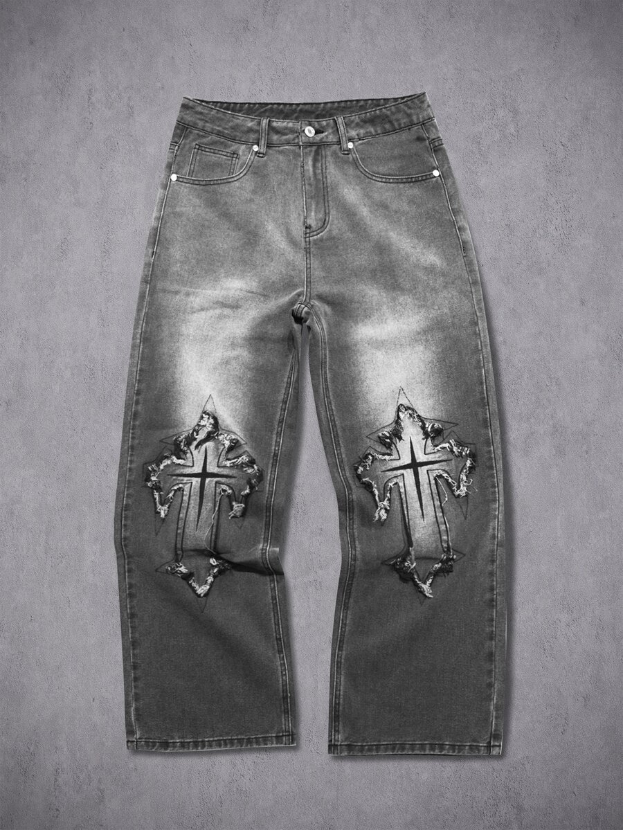 Manfinity Denimwave 男士街頭風哥德十字貼布原邊刺繡設計漸層水洗牛仔褲 - 灰色 - 查看 1