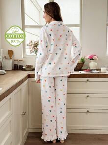 Snug Reverie 100% Cotton Sweet Heart Print Long Sleeve Women's Pajama Set, Spring/Autumn Fresh Style - White - View 2