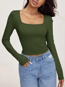 SHEIN BASICS 3件組純色針織長袖修身挖領短版女款T恤上衣，黑色、灰色、白色，秋季基礎款，適合日間辦公與日常休閒 - 彩色 - 查看 7