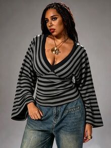 Rustia Plus Size Autumn/Winter Casual Colorful Striped V-Neck Long Sleeve T-Shirt Fall - Black - View 1