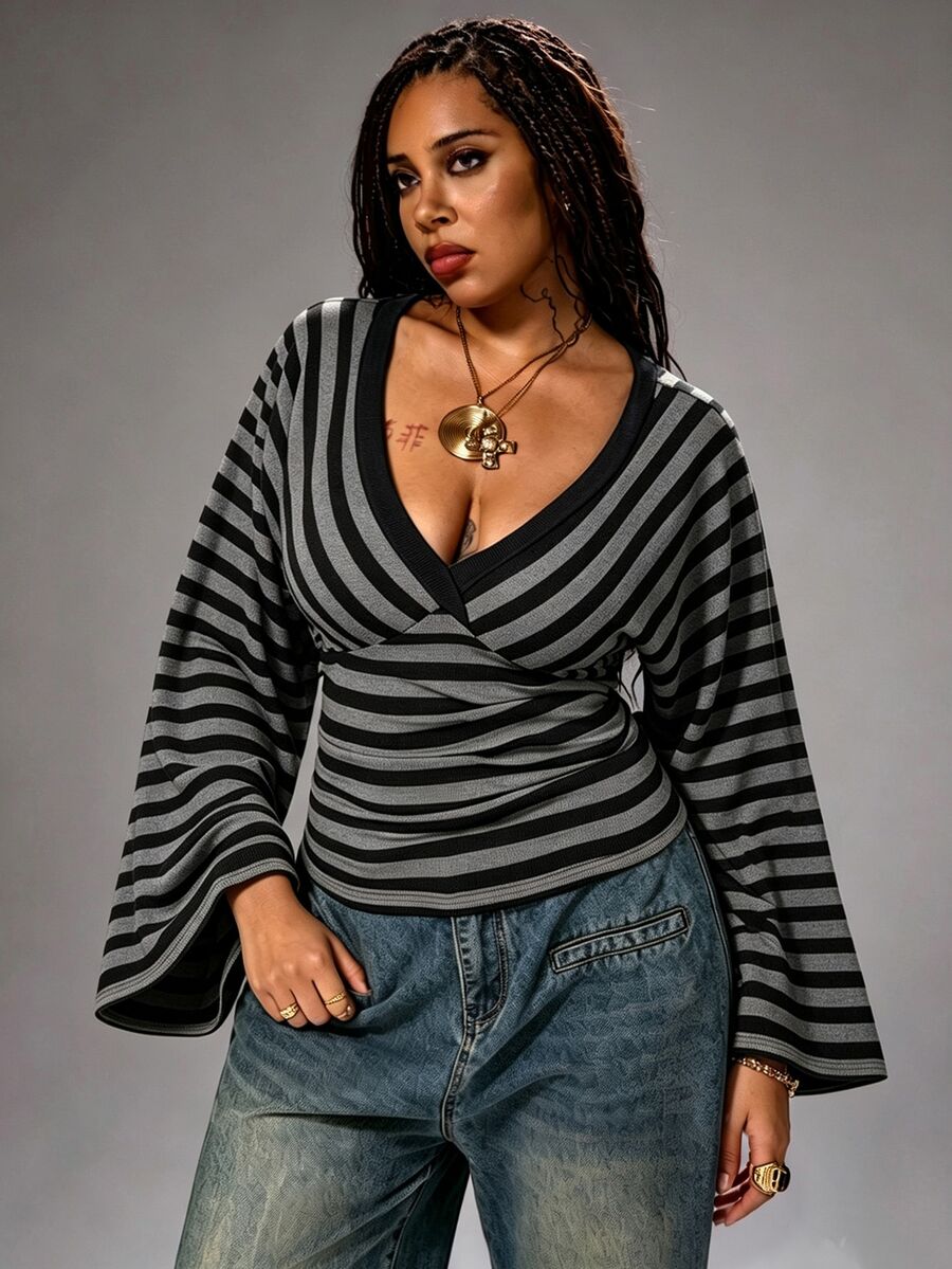 Rustia Plus Size Autumn/Winter Casual Colorful Striped V-Neck Long Sleeve T-Shirt Fall - Black - View 1