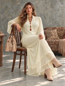 Ceyna Plus Size Women's Vintage Romantic Autumn/Winter Woven Chiffon Bell Sleeve Ruffle Collar Button-Down Blouse & Mid-Waist Long Side Slit Skirt 2 Pieces Set - Apricot - View 1