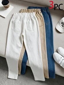 SHEIN 3件組 TWEEN GIRLS 牛仔褲，高彈性柔軟丹寧布料，淺藍色，秋季，休閒，校園，返校季，腰部鈕扣設計，百搭版型，冬季 - 彩色 - 查看 2