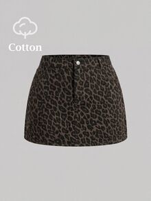 SHEIN MOD 大尺碼女款豹紋鈕扣休閒日常牛仔迷你裙 - 彩色 - 查看 4