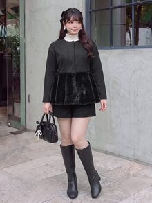 Bijouette 大尺碼人造毛拼接無領隱扣荷葉邊下擺大衣，冬季夾克，人造毛拼接，日常通勤，購物，優雅女性風，優雅 - 黑色 - 查看 7