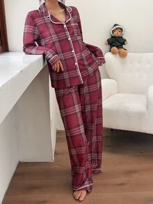 SHEIN Autumn Red Plaid Print Pajamas Long Sleeve Long Pants Home Wear 2 Pieces Set - Red - View 5
