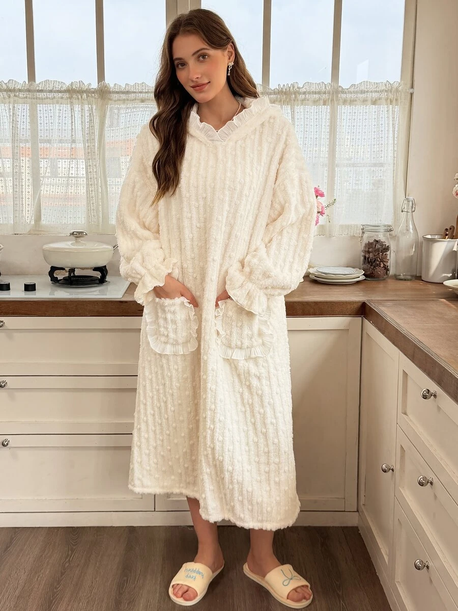 Snug Reverie Cute Rabbit Ear Hooded Pajamas Women's Autumn/Winter Plush Robe Loungewear - White - View 1