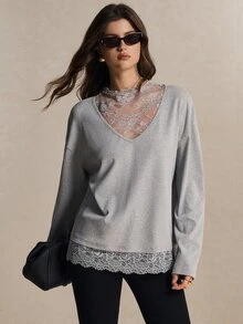 Poéselle Women's Contrast Lace 2-In-1 V-Neck Long-Sleeve Top, Loose-Fit Cotton-Blend Layering Blouse For Fall, Thanksgiving, And Christmas - Light Grey - View 8