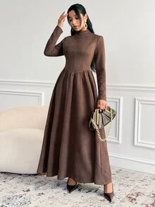 Veilorie Women's Pleated Casual Party Long Dress - Brown - View 1