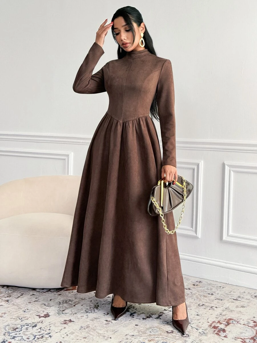Veilorie Women's Pleated Casual Party Long Dress - Brown - View 1