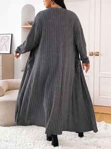 SHEIN EZwear 大尺碼女款純色極簡休閒長袖長版大衣 秋冬款 - 深灰色 - 查看 1