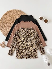 SHEIN 3件組女嬰純色與豹紋長袖休閒上衣 - 彩色 - 查看 2