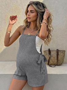 SHEIN جمبسوت كاجوال متعدد الاستخدامات للحوامل للعطلات بخطوط وربطة أمامية - أبيض وأسود - مشاهدة 1