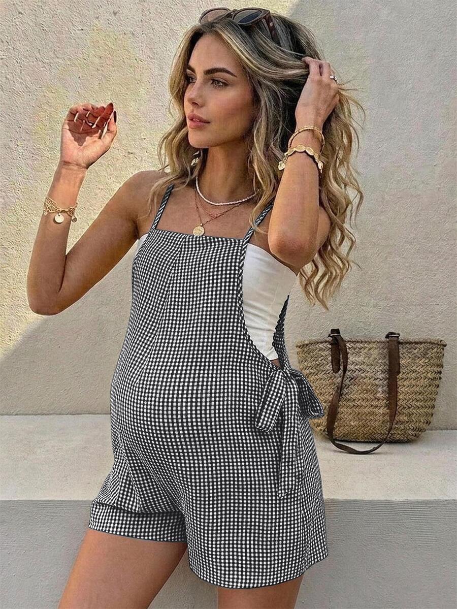 SHEIN جمبسوت كاجوال متعدد الاستخدامات للحوامل للعطلات بخطوط وربطة أمامية - أبيض وأسود - مشاهدة 1