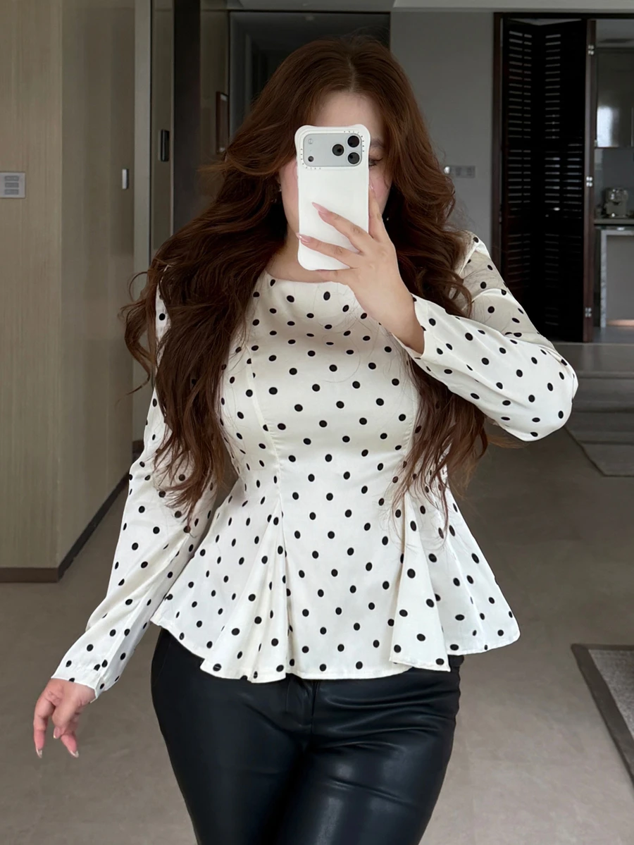 Dazy Plus Early Autumn New Korean Style Polka Dot Cinched Cinched Waist Pleated Long Sleeve Blouse - Apricot - View 1