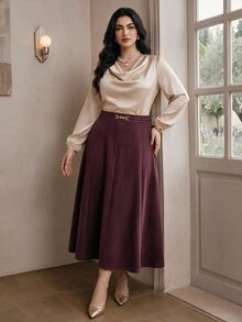 Solavon Plus High Waist Chain Detail Skirt - Burgundy - View 8