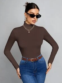 SHEIN Tall 簡約純色修身高領白色上衣，適合秋冬，高個女性穿著 - 巧克力棕 - 查看 7