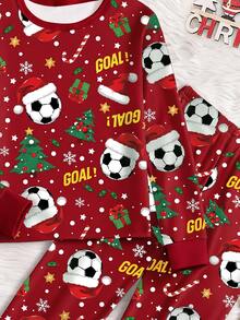 Tween Boys Pajamas, Autumn/Winter New Christmas Elements Soccer, Christmas Tree, Snowflake, Candy Cane Pattern Combination, High Elasticity Crew Neck Long Sleeve Long Pants Loungewear, Snug Fit 2-Piece Set, Size Runs Small, Please Order One Size Up - Red - View 3