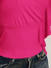 SHEIN ICON 女款大尺碼黑色夏季哥德風性感夜店約會派對夜店 T-shirt，復古優雅 V 領荷葉袖修身 Y2K 風格 - 玫紅色 - 查看 8