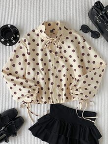Comfortcana Jaket Siluet Polkadot Vintage Kuning Ukuran Besar Musim Gugur/Dingin dengan Ikatan di Depan - Kuning - View 3