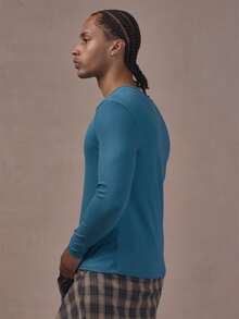 Musero Raise Neck Tight Fit Henley Long Sleeve Textured Fabric Autum Winter Essentials - Blue - View 3