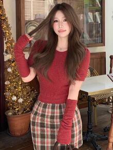 DAZY Autumn/Winter Red Crew Neck Fitted Short Sleeve Knit Sweater And Arm Warmers 2 Pieces Set, Casual Christmas Women's - Red - View 13