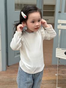 DAZY Infant (Girl) Ruffle Trim Patchwork Long Sleeve Korean Style Solid Color Top - White - View 4