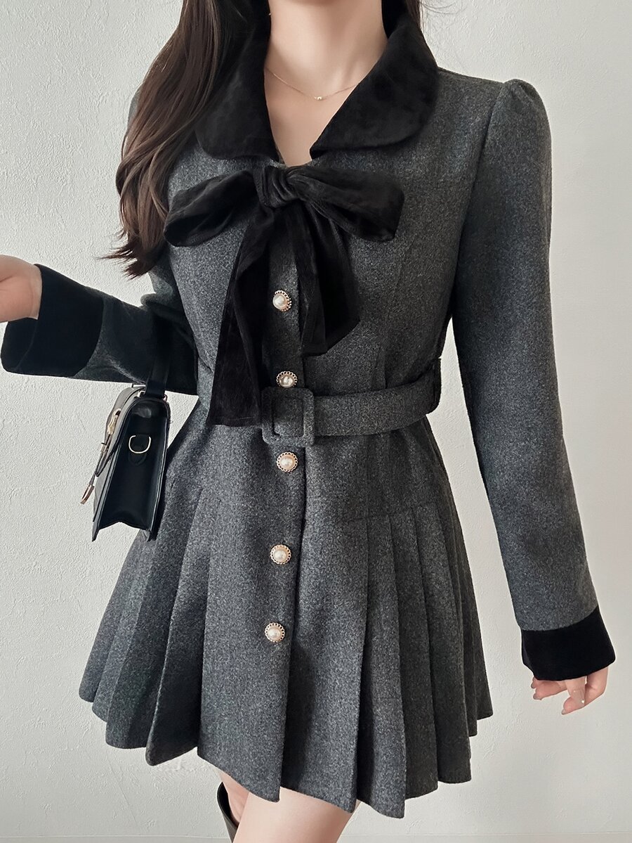 FRIFUL Women's Bow Decor Casual Daily Overcoat - Black - View 1