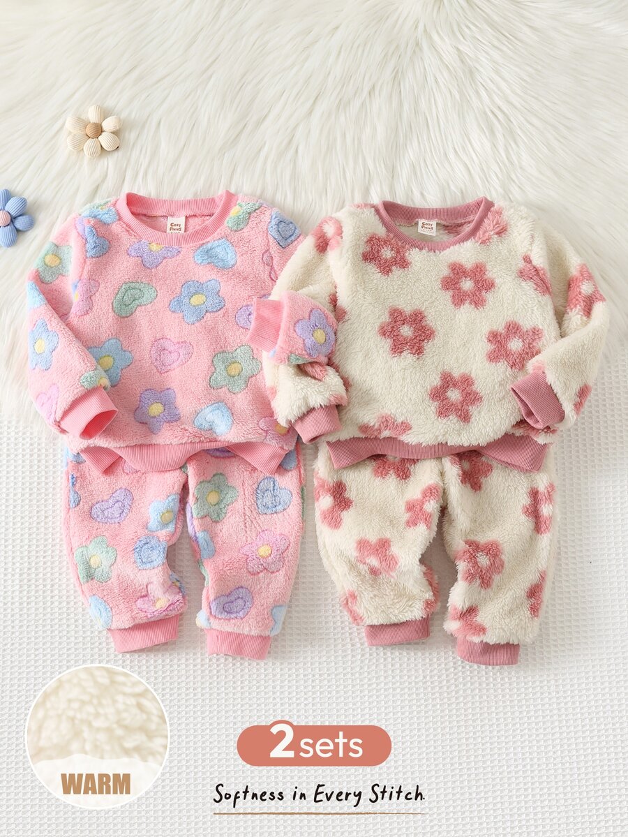 Cozy Pixies 女嬰 4件組可愛舒適百搭花卉圖案毛絨布料長袖上衣與長褲家居服套裝 - 彩色 - 查看 1