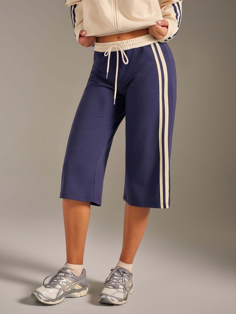 Athîral Women's Drawstring Waist Side Stripe 7/8 Length Sports Pants - Navy Blue - View 1