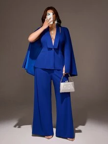 Viva Relle Plus Size Elegant Pocket Jacket And Loose Trousers Suit Set - Blue - View 3