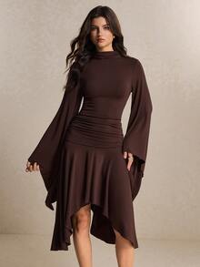 Poéselle Women's Elegant Pleated Asymmetrical Hem Dress - Brown - View 5