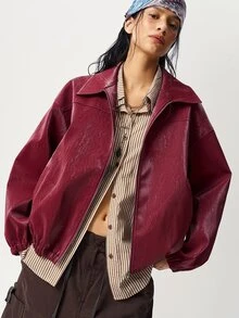 Bohemela Women's Solid Color PU Leather Drop Shoulder Long Sleeve Zipper Front Casual Regular Fit Jacket - Burgundy - View 3