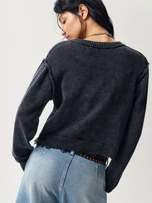 Bohemela Women's Dropped Shoulder Long Sleeve Frayed Knit Cardigan With Stone Wash - Grey - View 8