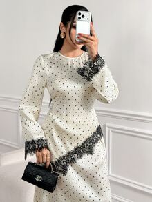 Veilorie Women's Polka Dot Pattern Contrast Lace Asymmetrical Hem Top And Skirt Arabic Costume Set - Apricot - View 1