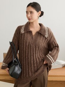 Dazy-Less Women's Autumn/Winter Coffee Brown Round Neck Long Sleeve Cable Knit Slim Fit Ribbed Casual Sweater - Coffee Brown - View 3